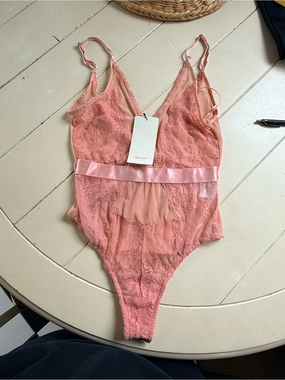 Sheer Lace V-Neck Bodysuit in Dusty Pink